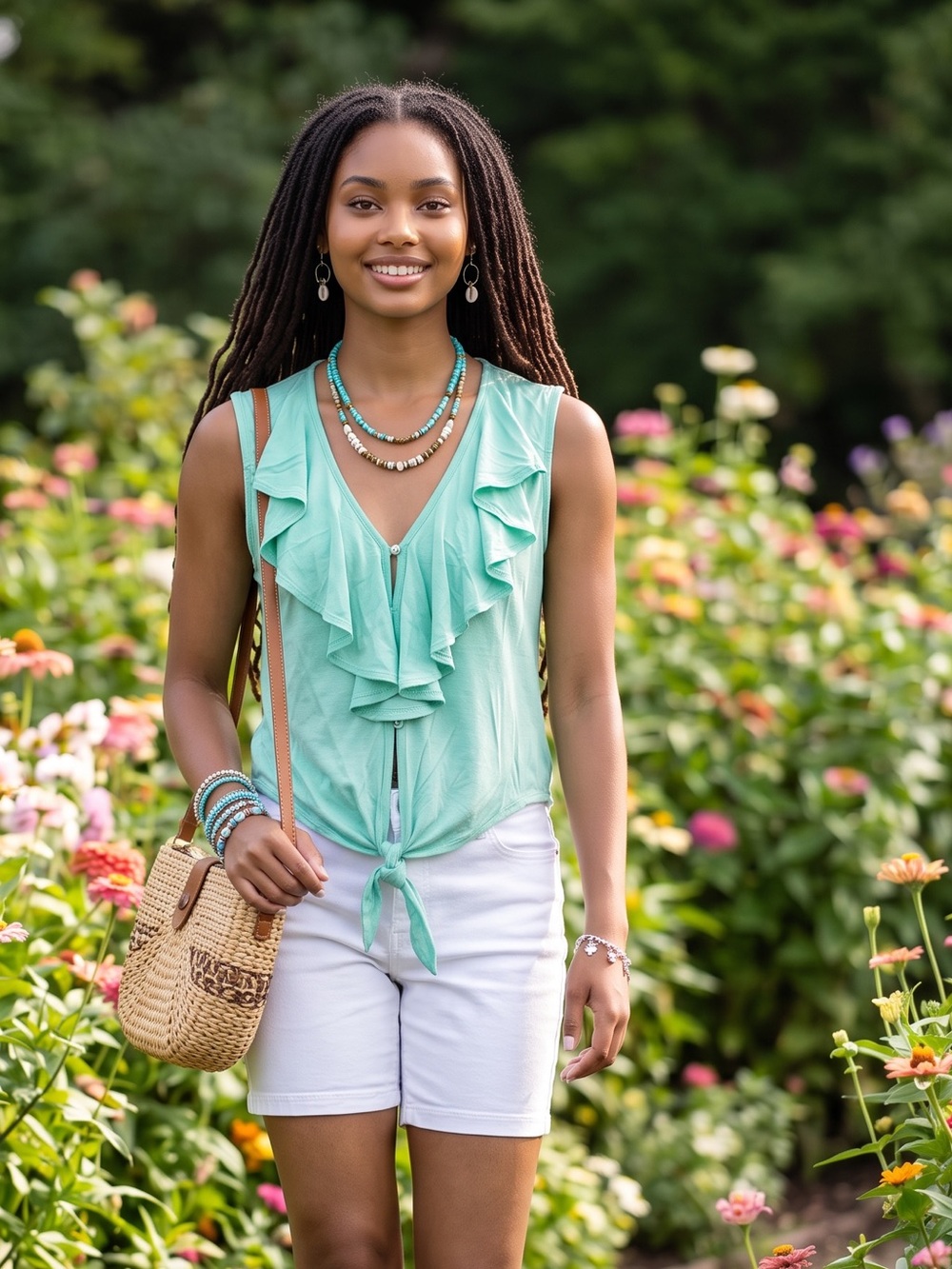 Iris Basic Green Sleeveless Ruffled Blouse